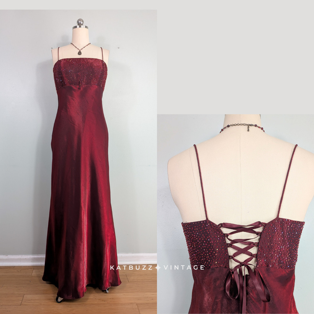 Vintage Nites Prom Dress Maxi Gown 12 Red Maroon 90S Y2K Corset Babydoll Bead
